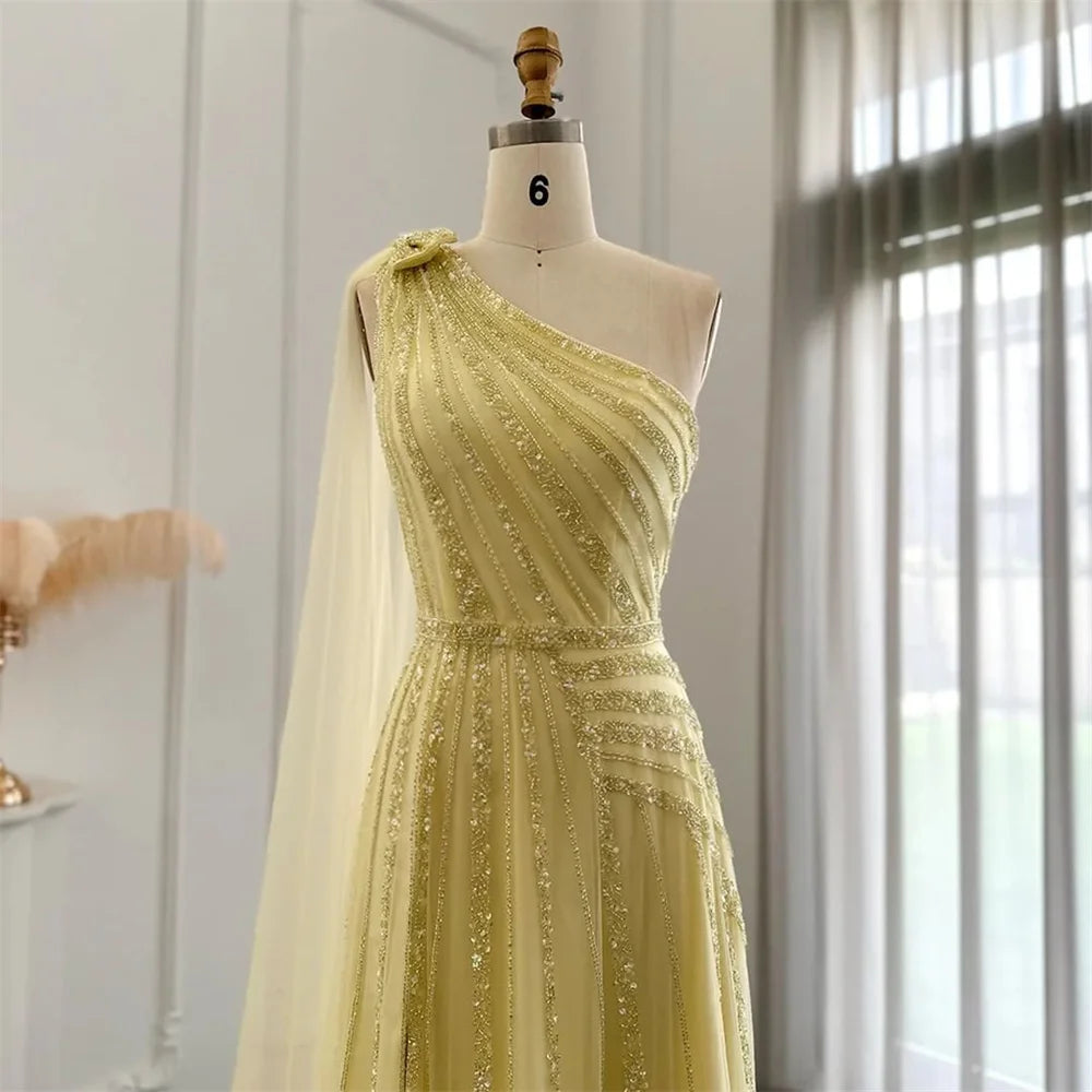 Stunning One-Shoulder Yellow Evening Gown with Side Slit