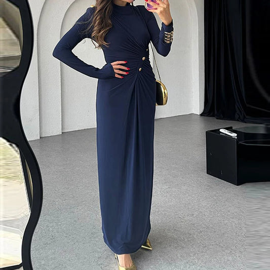 Elegant Long Sleeve Draped Maxi Dress