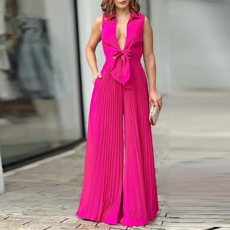 Chic Bright Pink Pleated Jumpsuit with Bow Detail