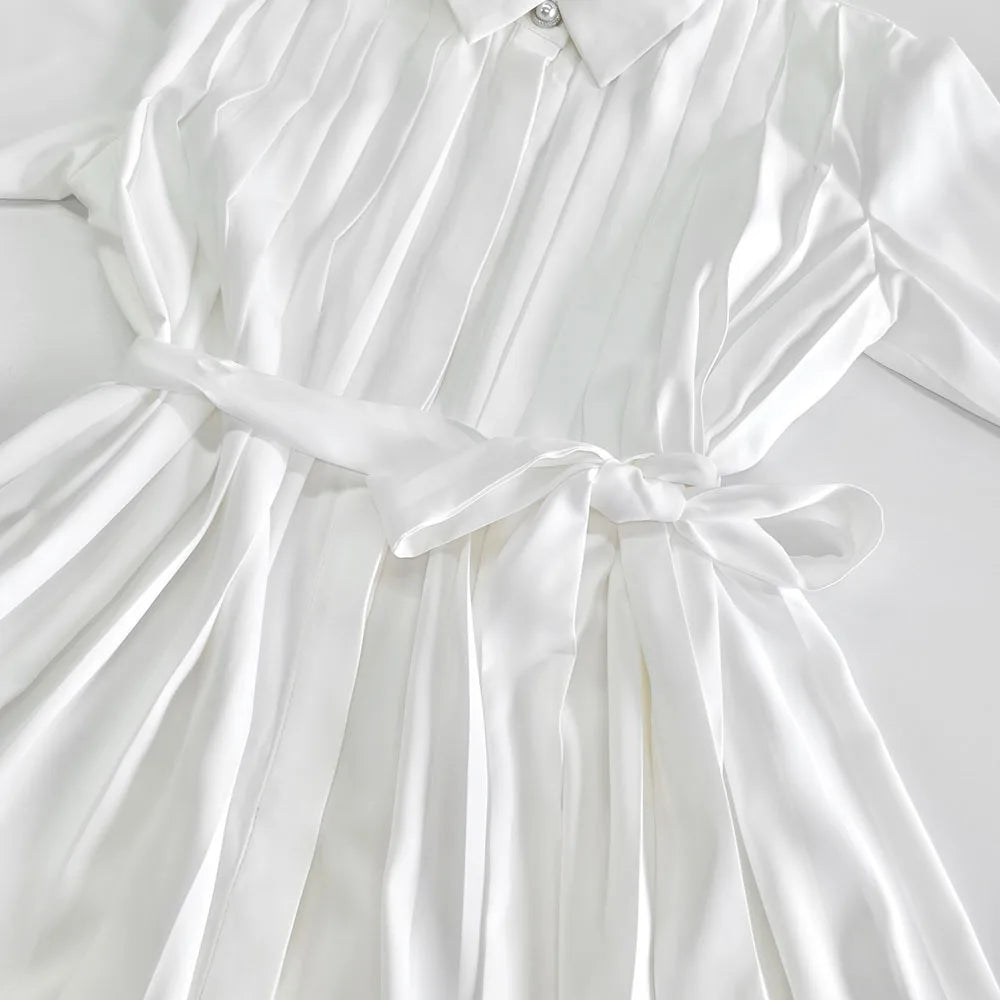 White Pleated Midi Dresses with Flare Sleeve