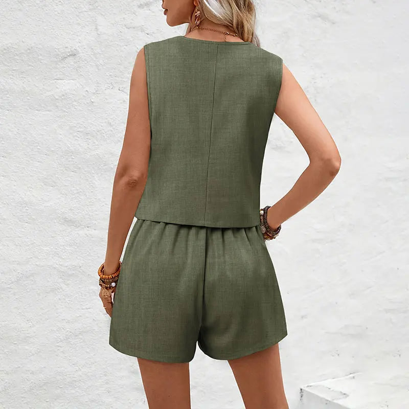 Summer Women Elegant Solid Waistcoat Shorts 2025