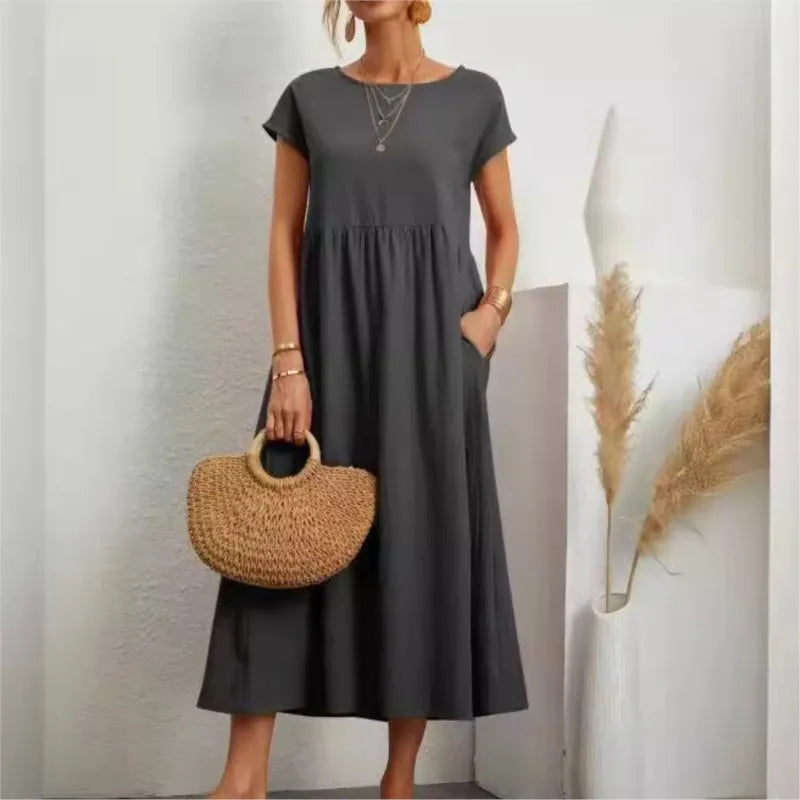 Summer New Short Sleeved Women's Dress With Loose Casual Pockets