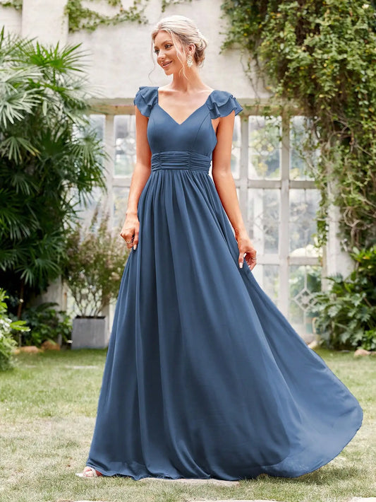 Elegant Deep Blue V-Neck Gown with Flutter Sleeves