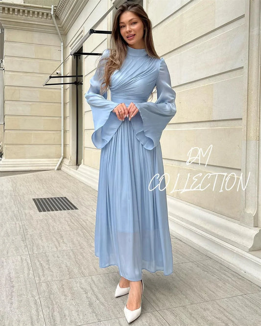 Graceful Light Blue Bell-Sleeve Midi Dress