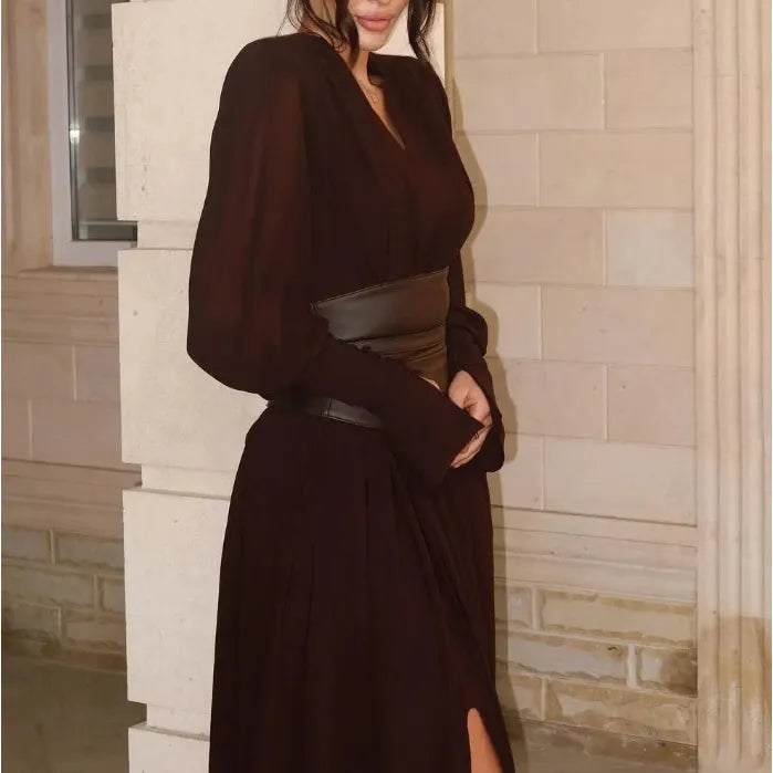 Elegant Black Gown with Waist Belt and High Slit