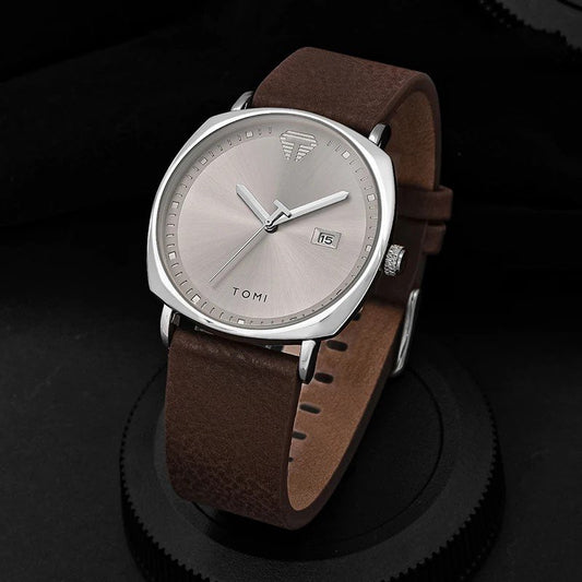 Sleek Square Dial Watch with Brown Leather Strap