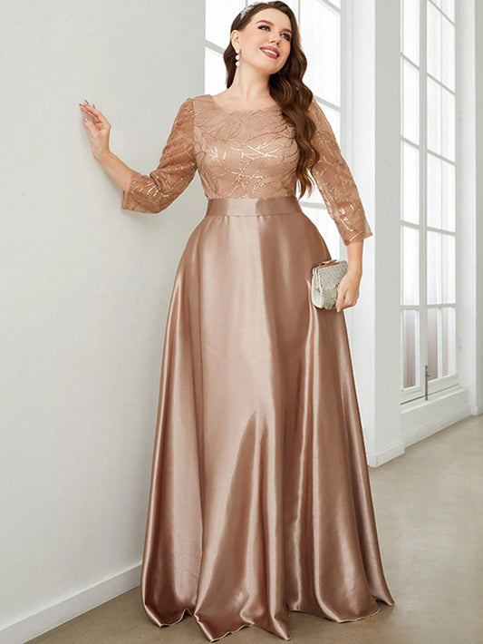 Elegant Lace and Satin Gown with Three-Quarter Sleeves