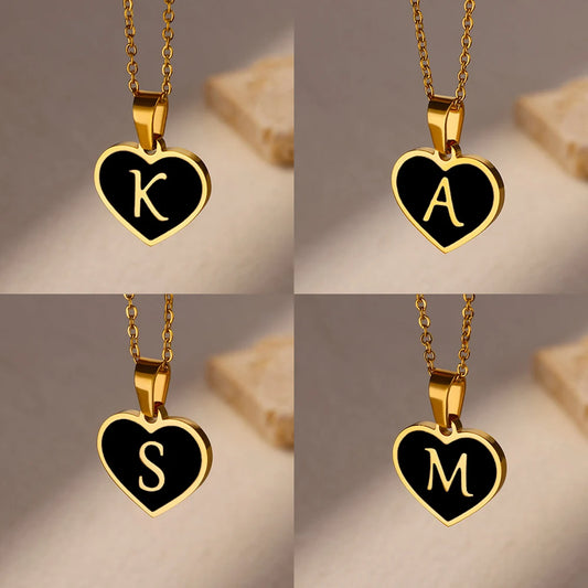 Vintage Black Heart Initial Letter Necklace