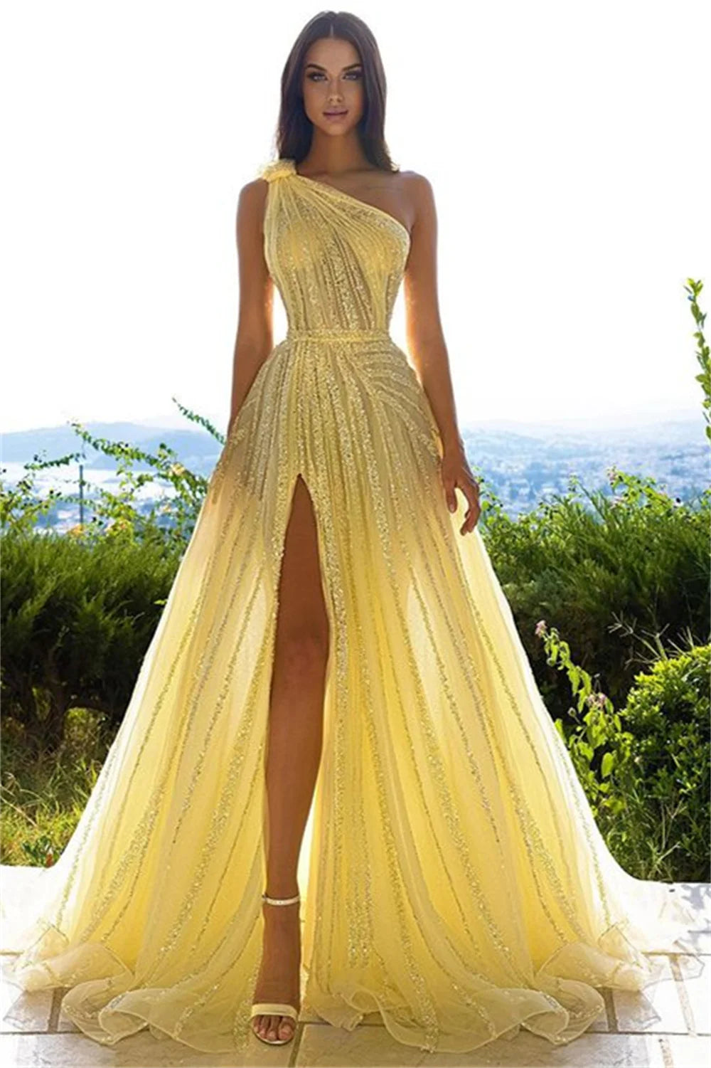 Stunning One-Shoulder Yellow Evening Gown with Side Slit