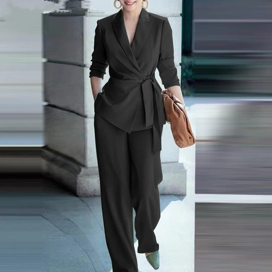 Stylish Blazer with Belted Waist and Wide-Leg Pants