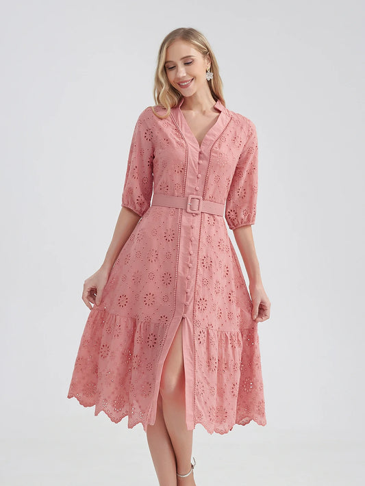 Elegant Pink Eyelet Dress with Belted Waist