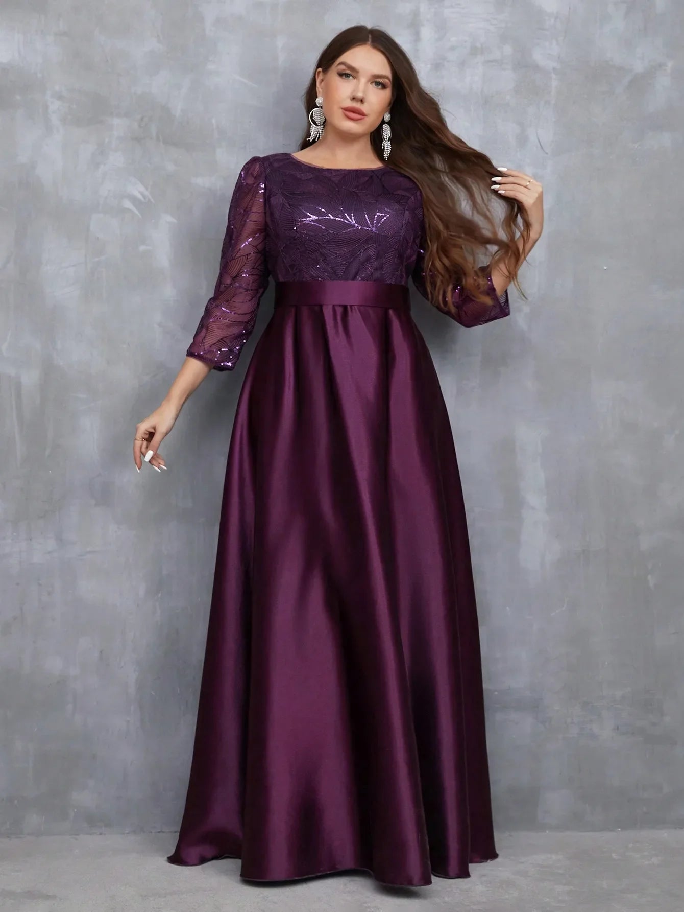 Elegant Lace and Satin Gown with Three-Quarter Sleeves