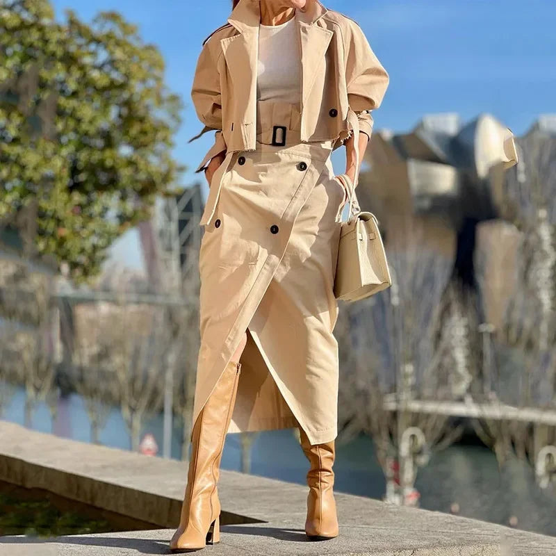 Elegant Beige Cropped Jacket and High-Slit Skirt Ensemble