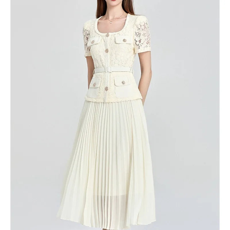 Elegant Cream Lace Top & Pleated Midi Skirt Set