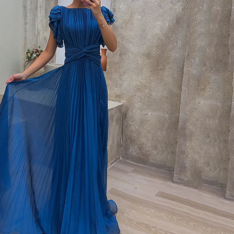 Stunning Blue Pleated Gown with Ruffle Sleeves