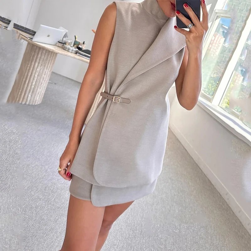 Irregular Collar Buckle Tank Jackets Top A Line Mini Skirts Sets