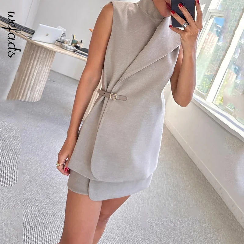 Irregular Collar Buckle Tank Jackets Top A Line Mini Skirts Sets