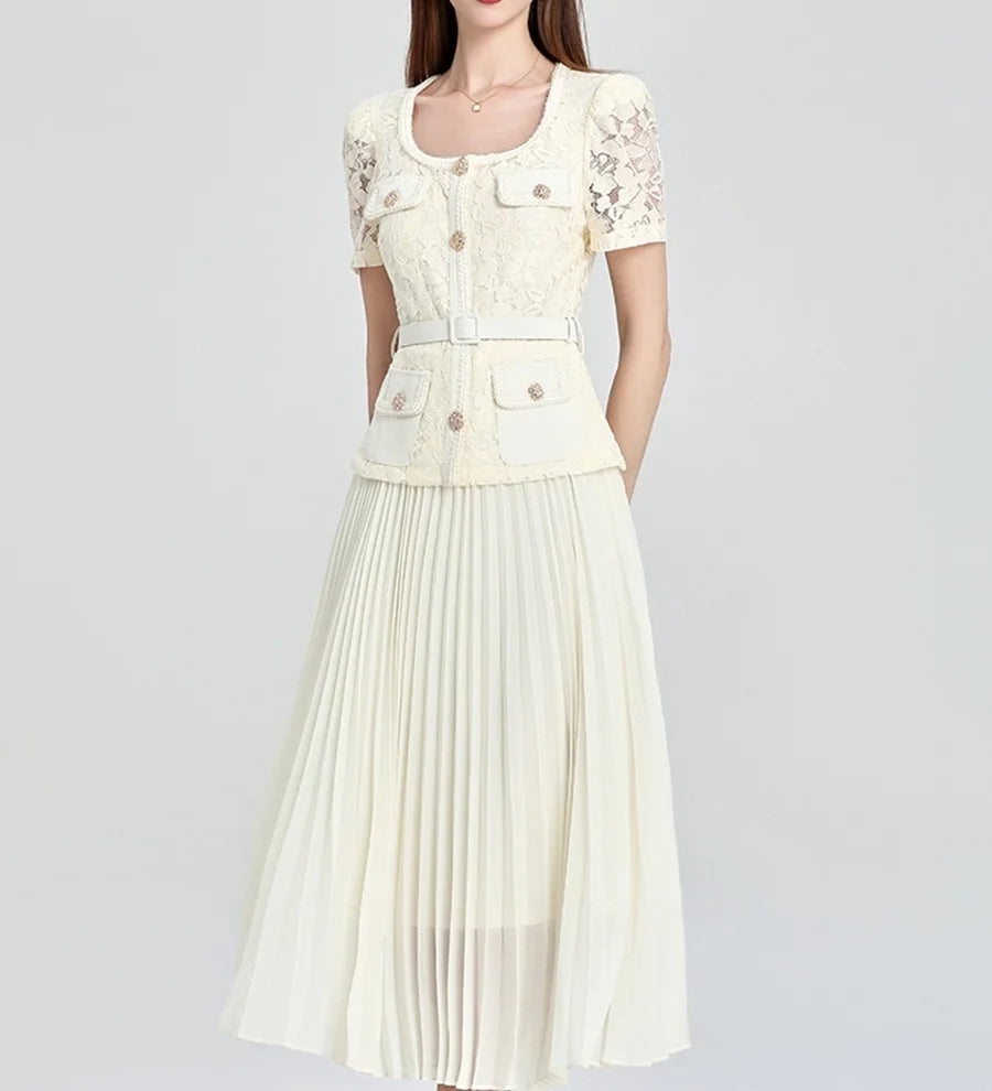 Elegant Cream Lace Top & Pleated Midi Skirt Set