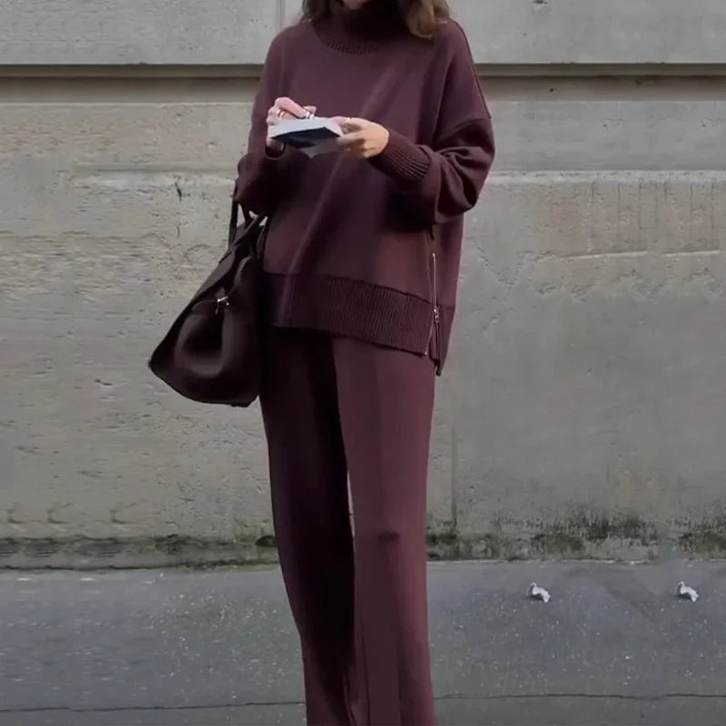 Elegant Comfort: Luxe Burgundy Sweater and Wide-Leg Pants Set