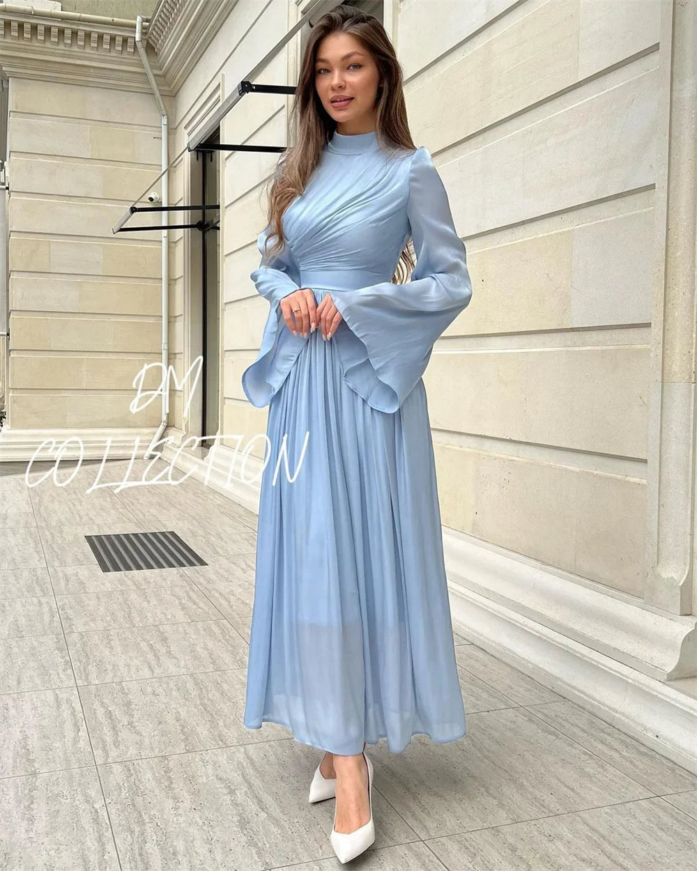 Graceful Light Blue Bell-Sleeve Midi Dress