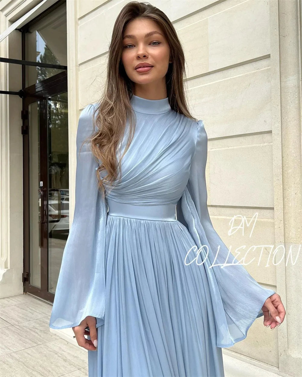 Graceful Light Blue Bell-Sleeve Midi Dress