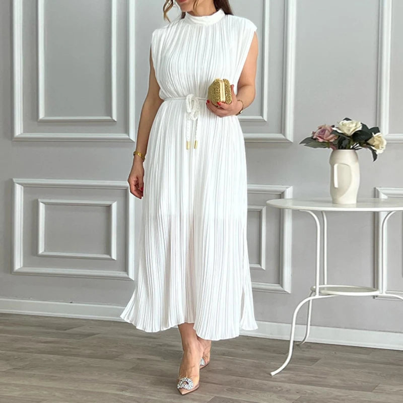 Elegant White Pleated Midi Dress