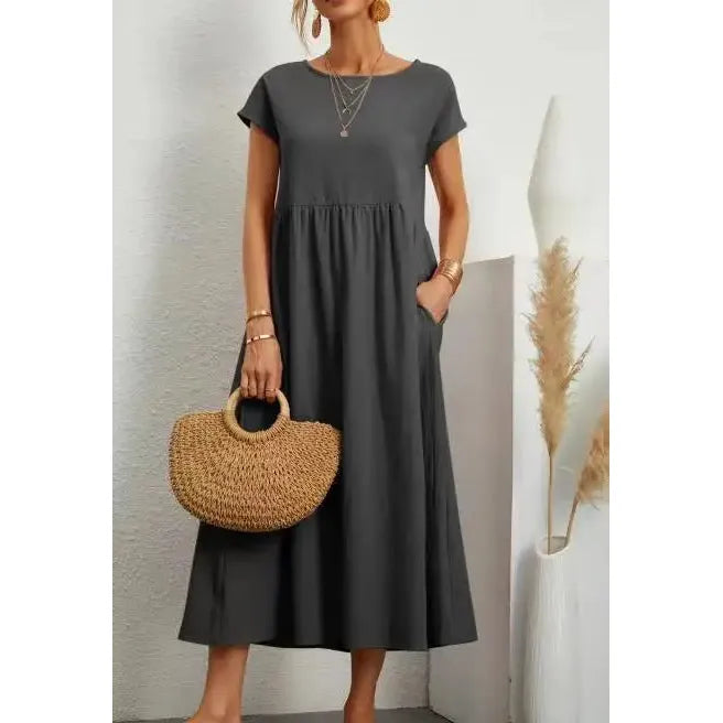 Summer New Short Sleeved Women's Dress With Loose Casual Pockets