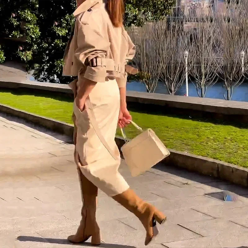 Elegant Beige Cropped Jacket and High-Slit Skirt Ensemble