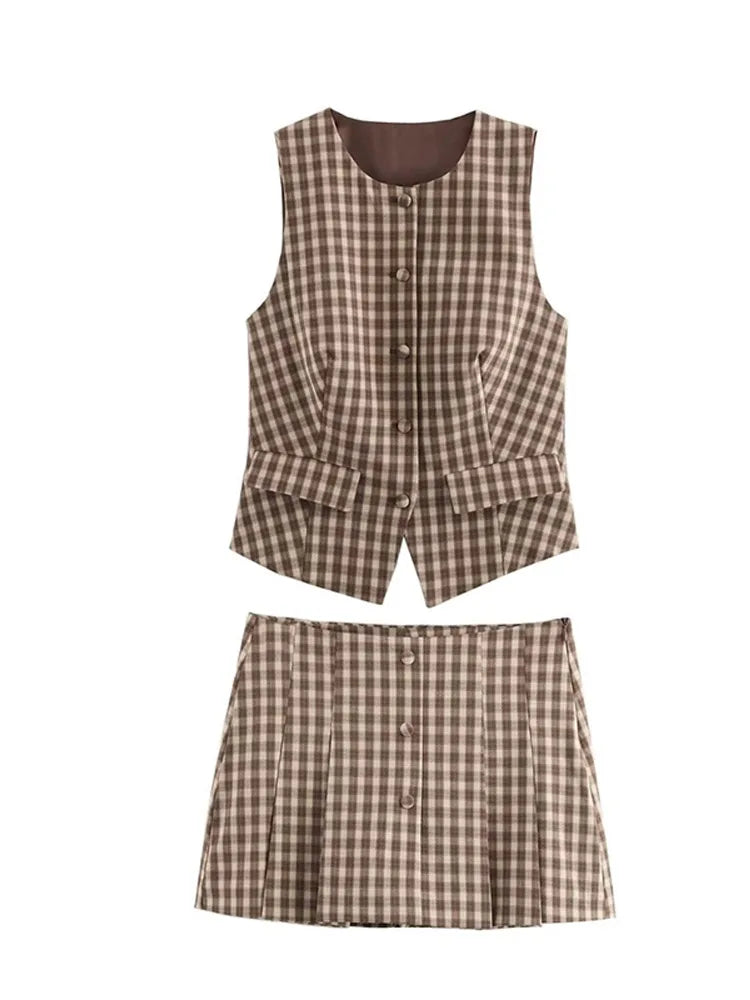 Chic Brown Checked Vest and Mini Skirt Set