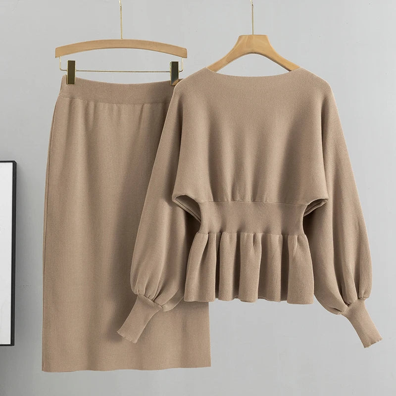 Elegant Minimalism: Beige Peplum Top and Pencil Skirt Set