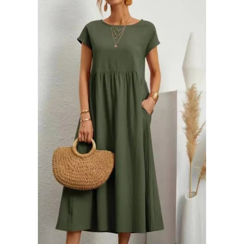 Summer New Short Sleeved Women's Dress With Loose Casual Pockets