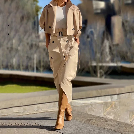 Elegant Beige Cropped Jacket and High-Slit Skirt Ensemble