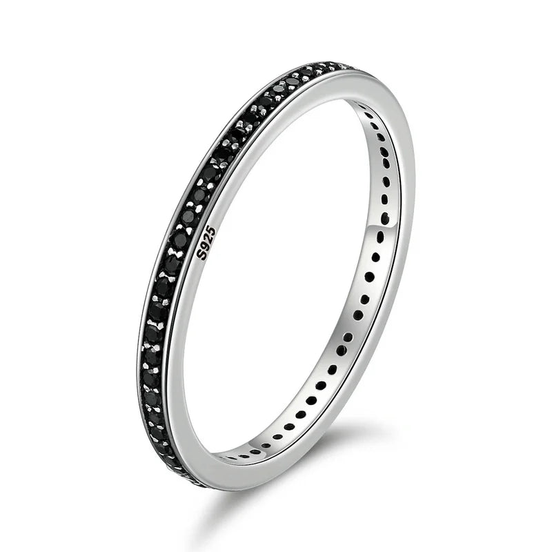 Genuine 925 Sterling Silver Double Circle Black Clear CZ Stackable Finger Ring