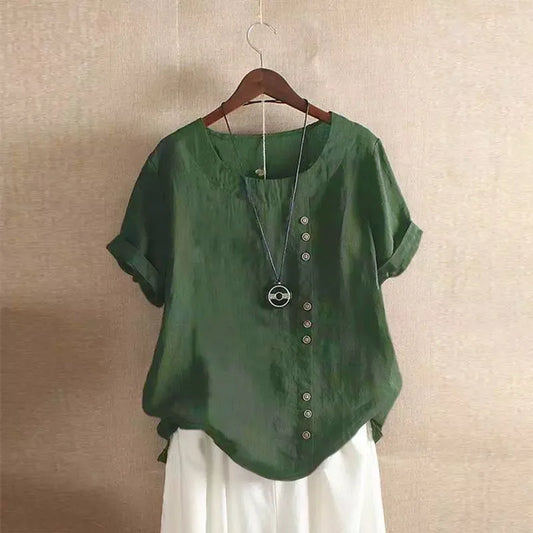 Women's Casual Summer Cotton Linen Loose Fit Blouse with Short Sleeves