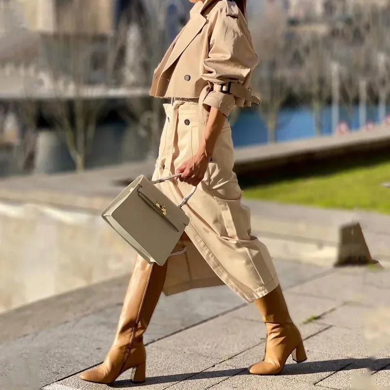 Elegant Beige Cropped Jacket and High-Slit Skirt Ensemble