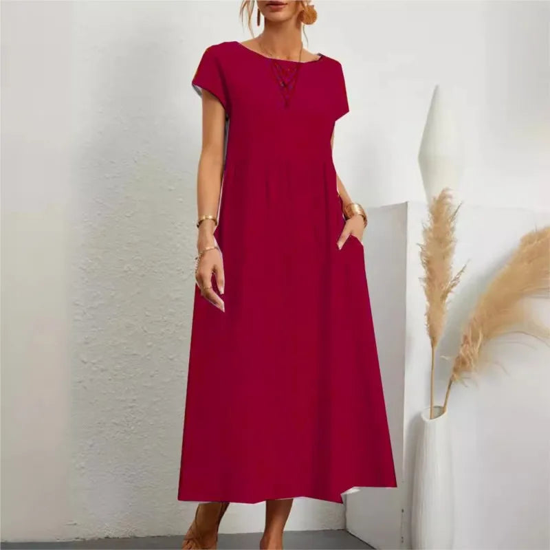 Summer New Short Sleeved Women's Dress With Loose Casual Pockets