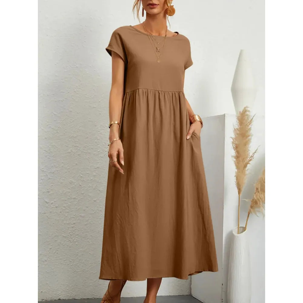 Summer New Short Sleeved Women's Dress With Loose Casual Pockets