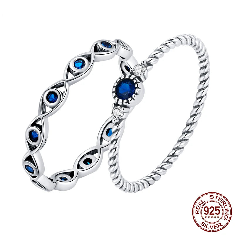 Stylish 925 Sterling Silver Rings Set with Blue Gemstones