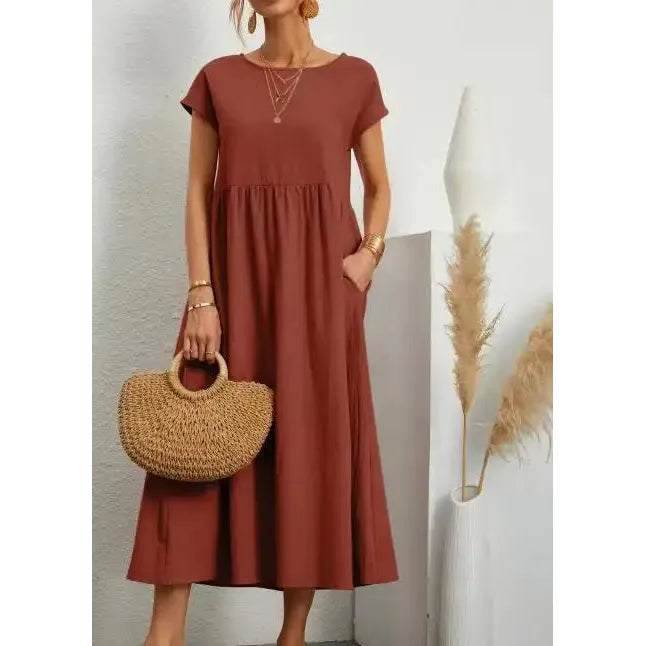 Summer New Short Sleeved Women's Dress With Loose Casual Pockets