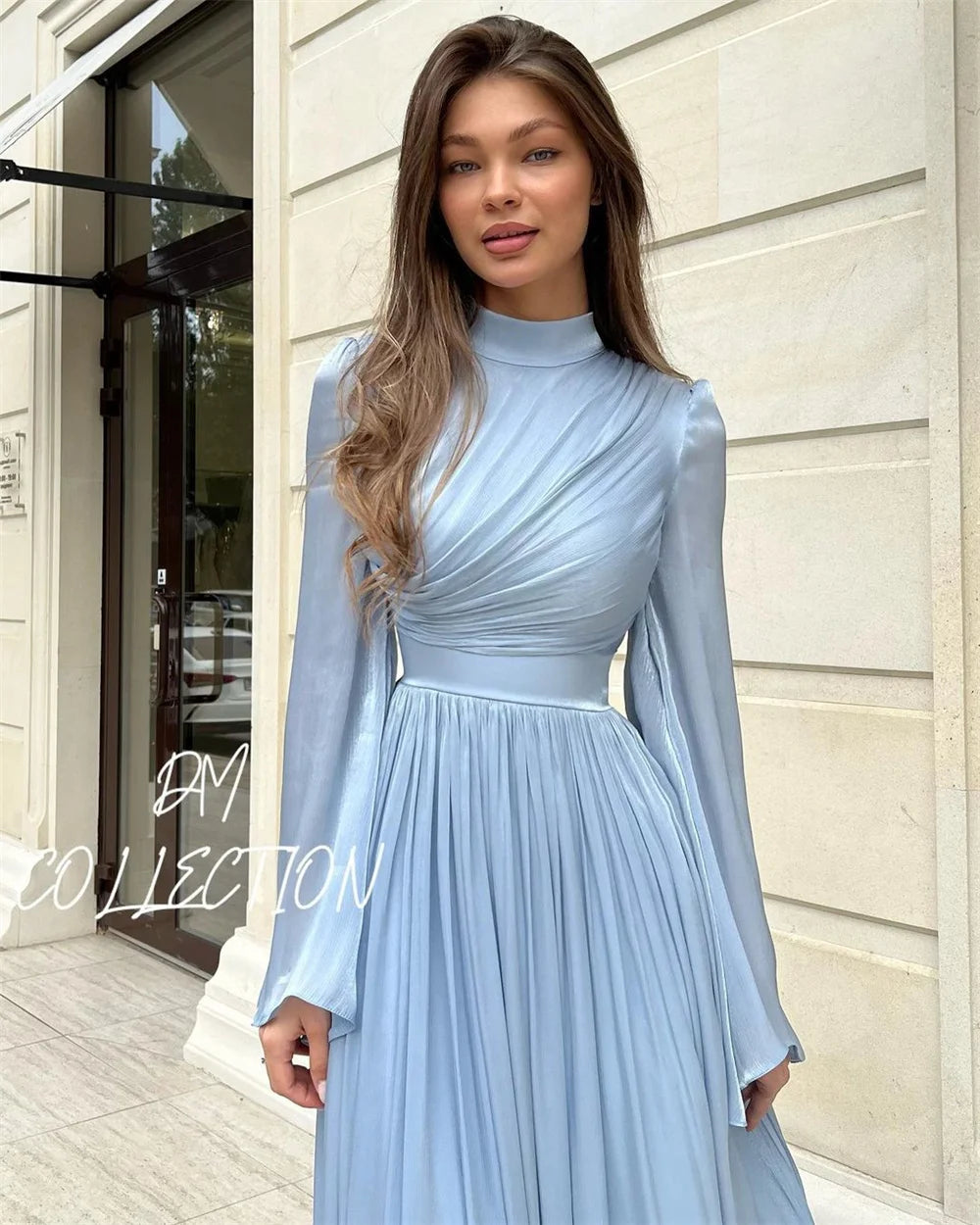 Graceful Light Blue Bell-Sleeve Midi Dress