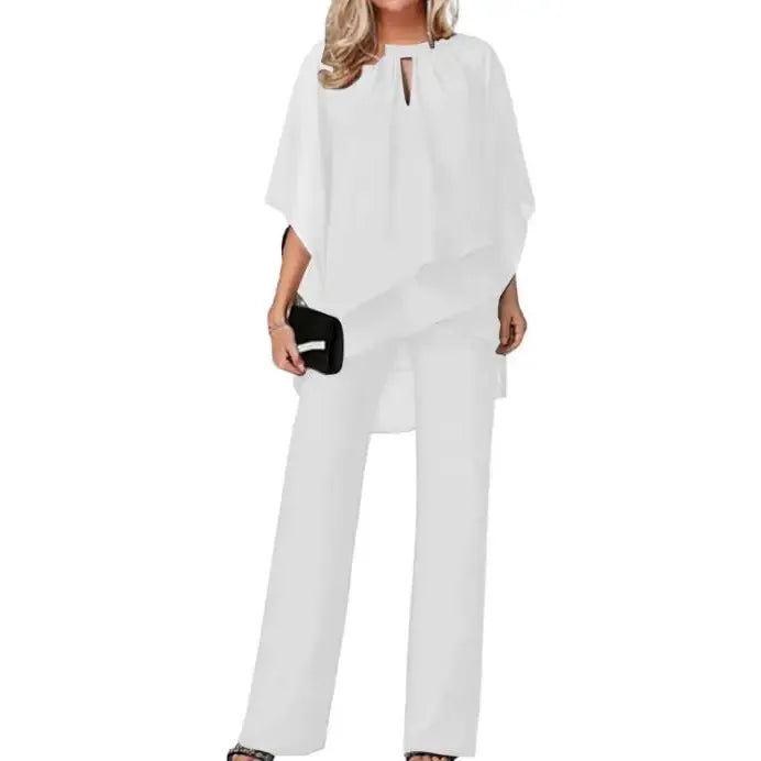 Elegant White Ensemble: Chic Cape Top with Tailored Pants