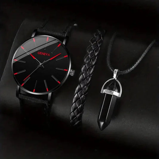 Stylish Black Watch with Red Accents and Elegant Accessories