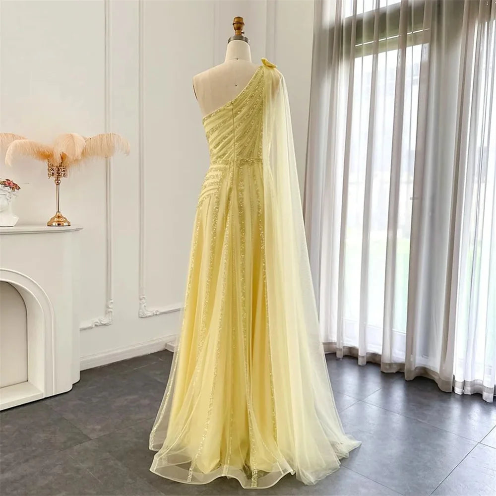 Stunning One-Shoulder Yellow Evening Gown with Side Slit