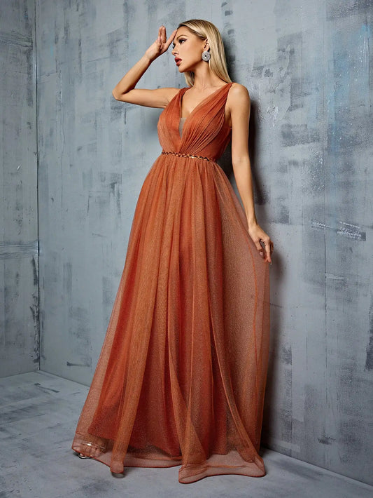 Elegant Deep V-Neck Shimmering Rust Dress