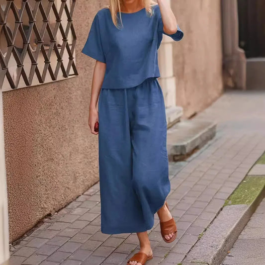 2025 Short Sleeve Shirt Top Wide Leg Pants Two Piece Set