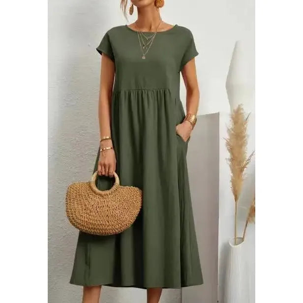 Summer New Short Sleeved Women's Dress With Loose Casual Pockets