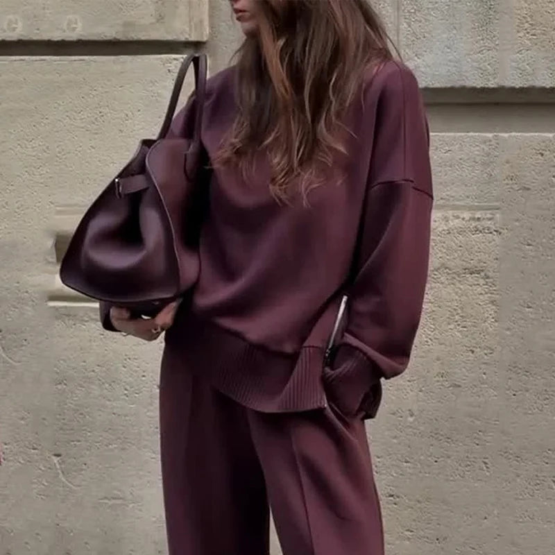 Elegant Comfort: Luxe Burgundy Sweater and Wide-Leg Pants Set