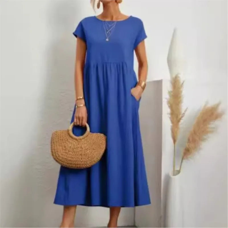 Summer New Short Sleeved Women's Dress With Loose Casual Pockets