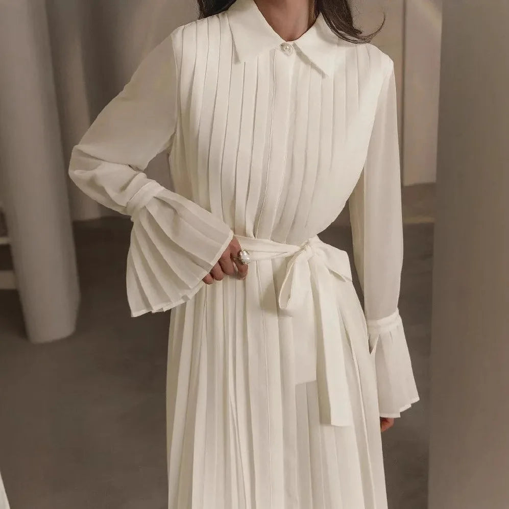 White Pleated Midi Dresses with Flare Sleeve