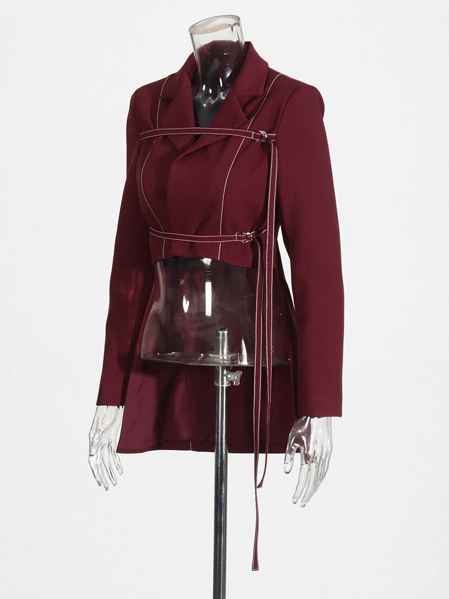 Chic Burgundy Statement Jacket & Wide-Leg Trouser Ensemble